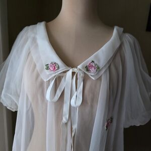 Vintage 60s Carol Brent White Sheer Babydoll Nightgown/Robe S 